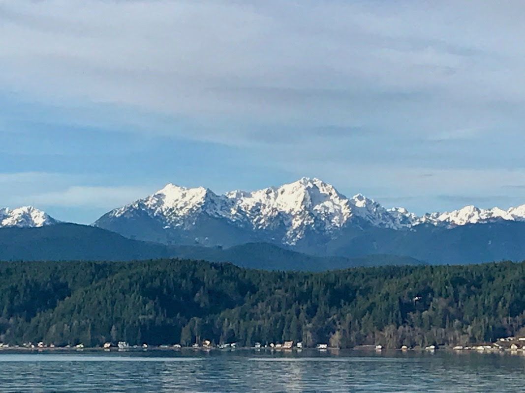 Snowcapped Olympic Mountains in the backdrop of a lake