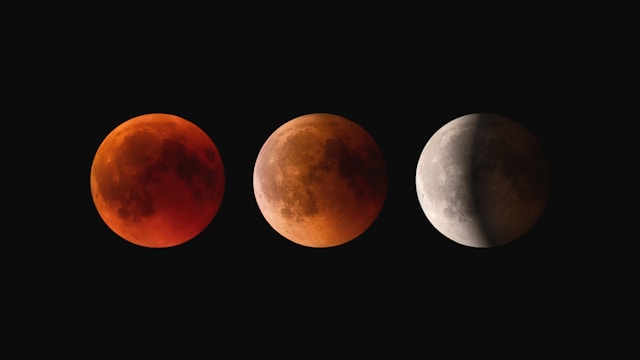 A sequence of three images showing a total lunar eclipse in progress, from a full reddish 'blood moon' to a partially eclipsed moon.
